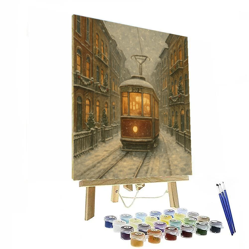 Snowbound Tram Through Winter City paint by numbers