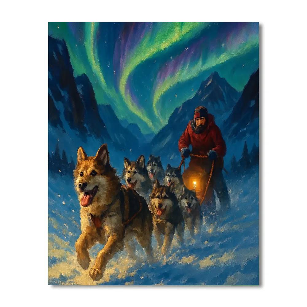 Holiday Dog Sled Through Aurora Pass Number painting