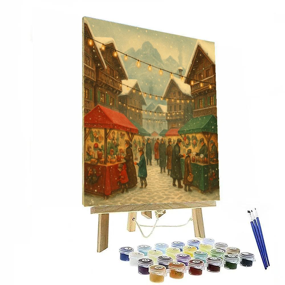 Snowfall Over Alpine Christmas Market Square paint by color