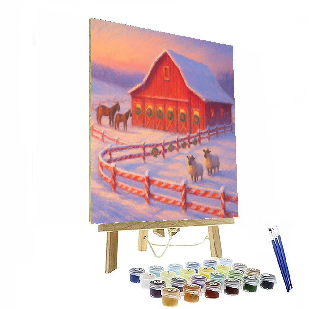 Snowy Barn With Candy Cane Fence paint by number