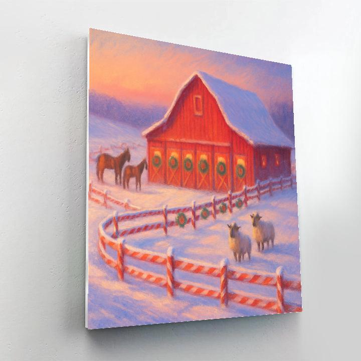 Snowy Barn With Candy Cane Fence paint by number