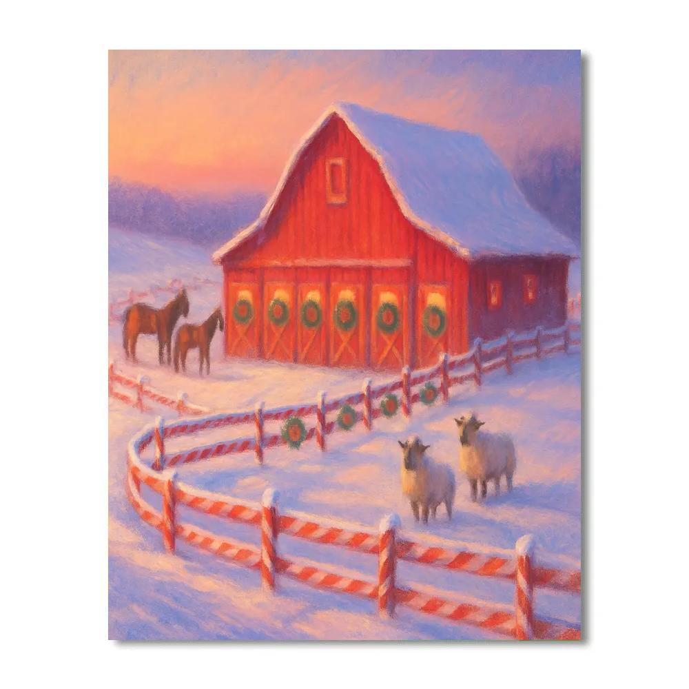 Snowy Barn With Candy Cane Fence paint by number