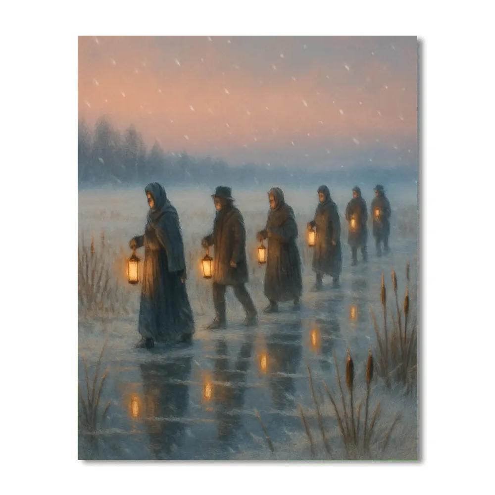 Christmas Lantern Parade Across Frozen Marsh Numbered painting kits