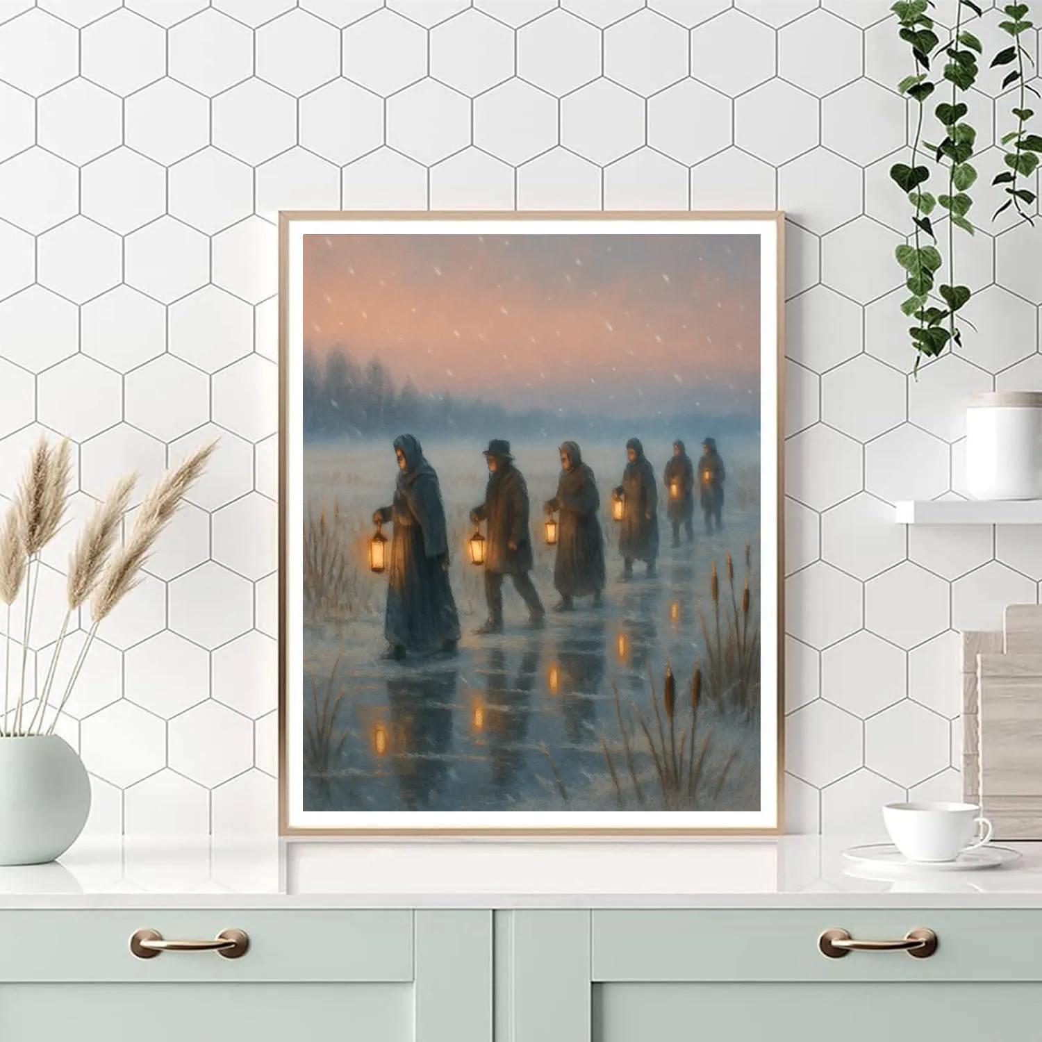 Christmas Lantern Parade Across Frozen Marsh Numbered painting kits