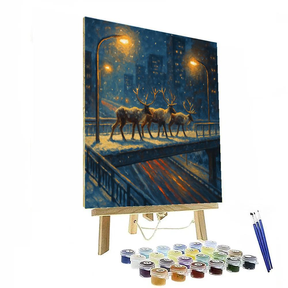 Snowy Reindeer Crossing The City Overpass Paint by numbers art