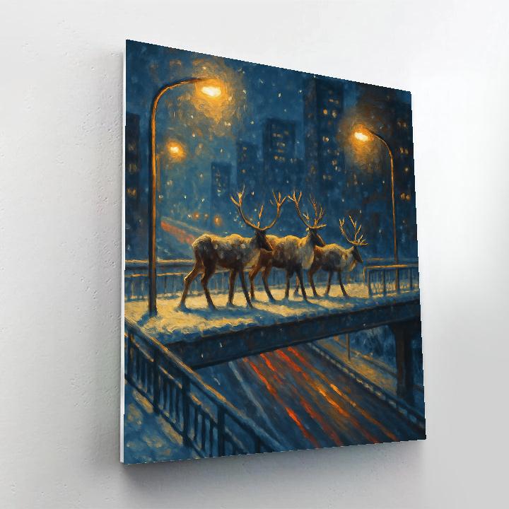 Snowy Reindeer Crossing The City Overpass Paint by numbers art