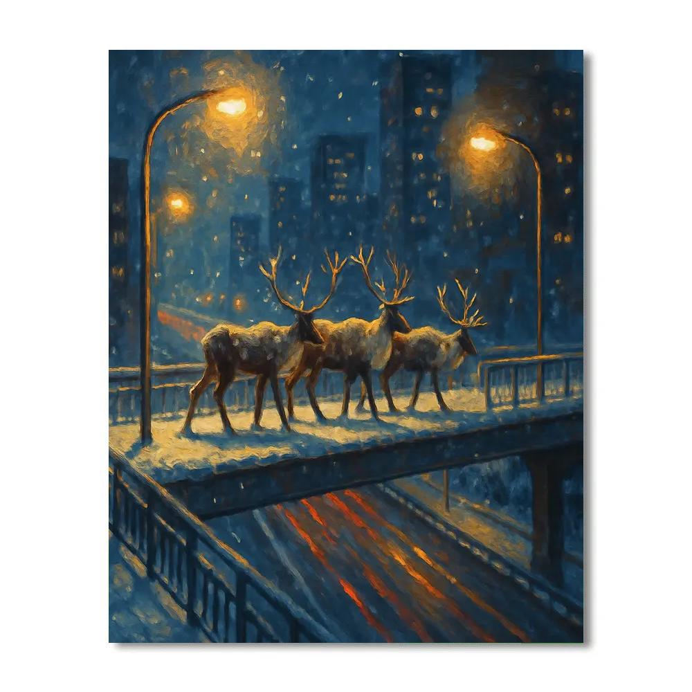 Snowy Reindeer Crossing The City Overpass Paint by numbers art