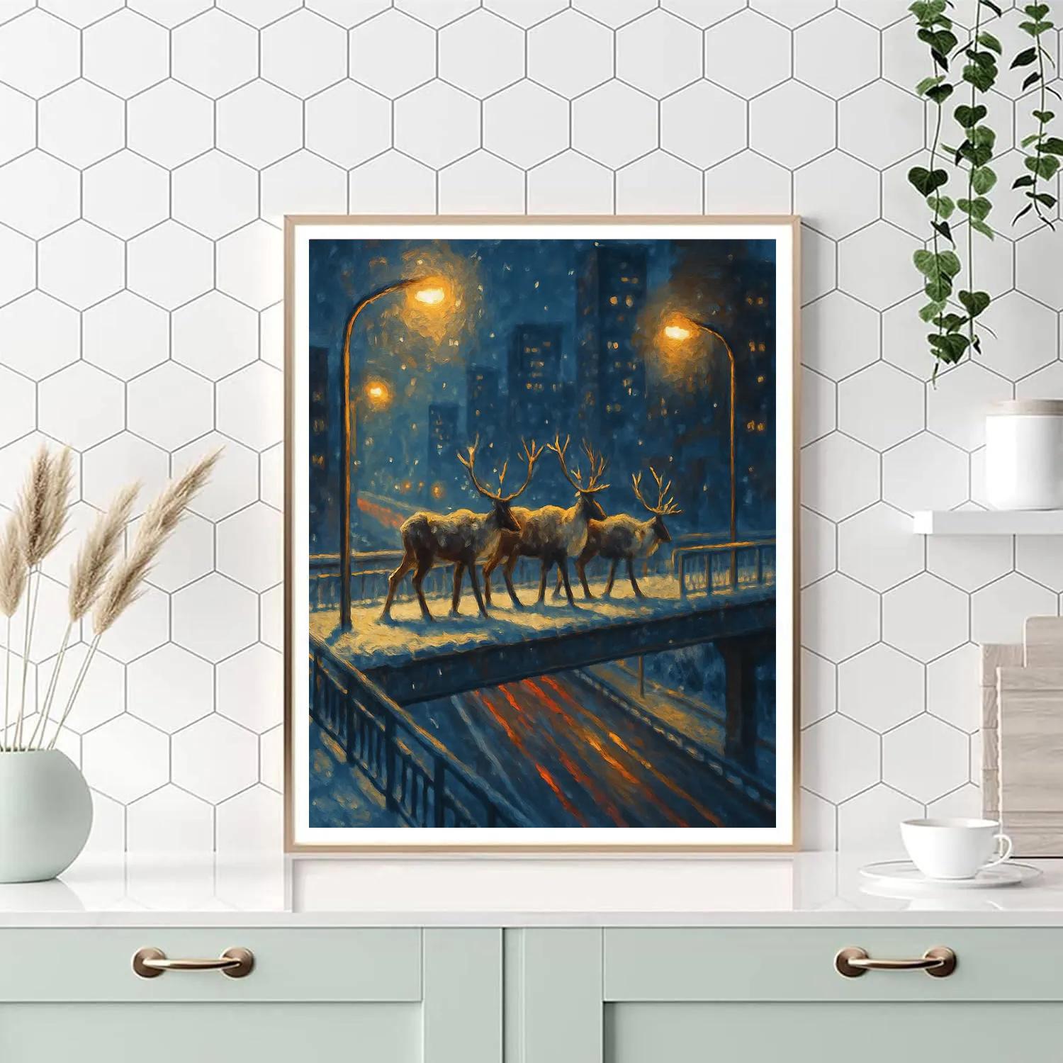 Snowy Reindeer Crossing The City Overpass Paint by numbers art