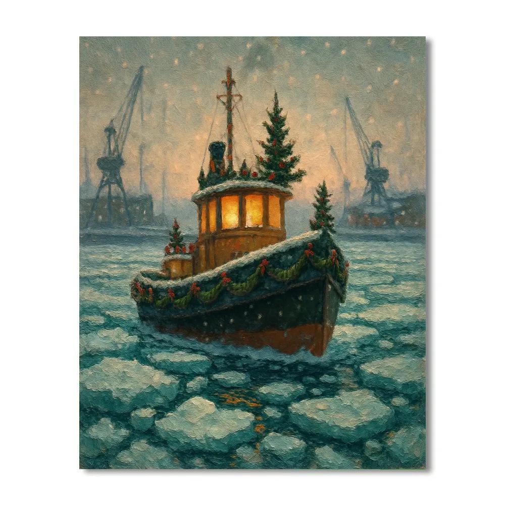 Christmas Tugboat In The Icy Harbor Number painting