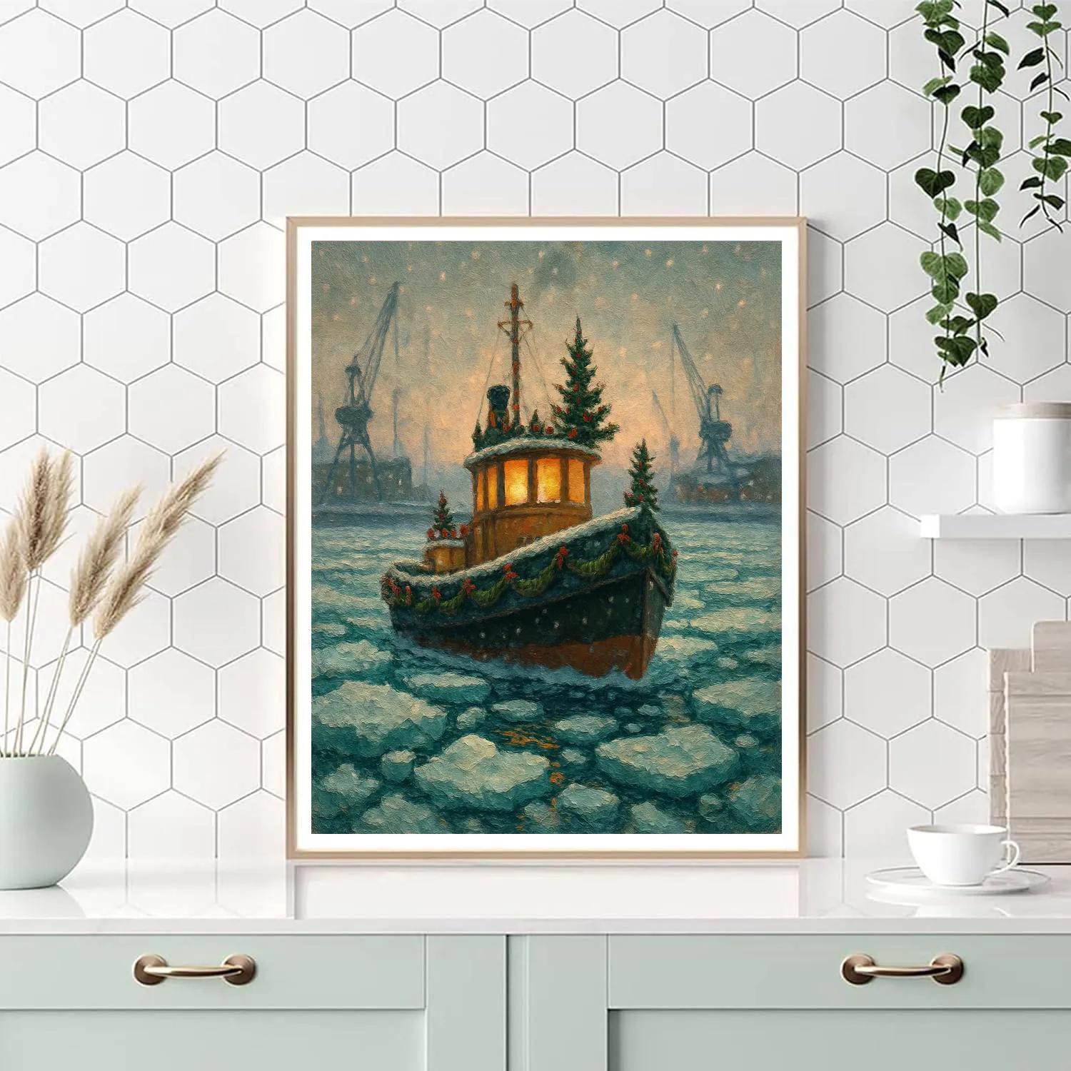 Christmas Tugboat In The Icy Harbor Number painting
