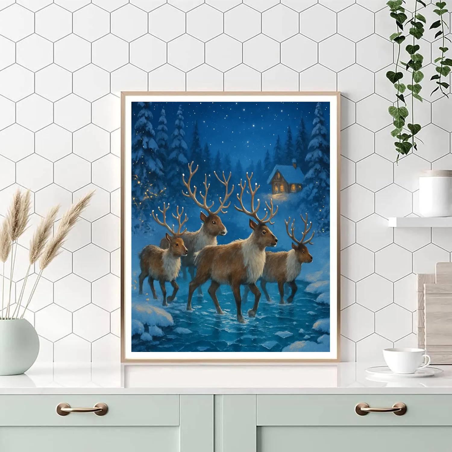 Moonlit Reindeer Crossing At Crystal Ford Paint by numbers kits