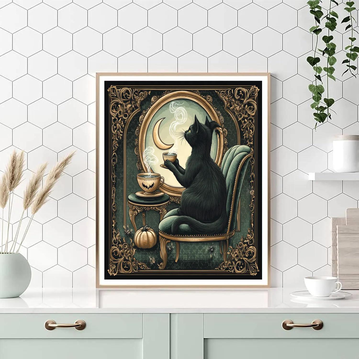 Midnight Tea Room, Halloween Mirror Cat paint by numbers
