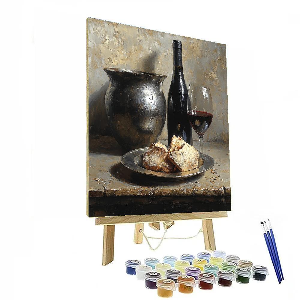 Diego Velázquez Inspired Pewter Plate With Bread And Dark Wine Vessel Paint by numbers art