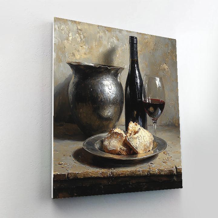 Diego Velázquez Inspired Pewter Plate With Bread And Dark Wine Vessel Paint by numbers art