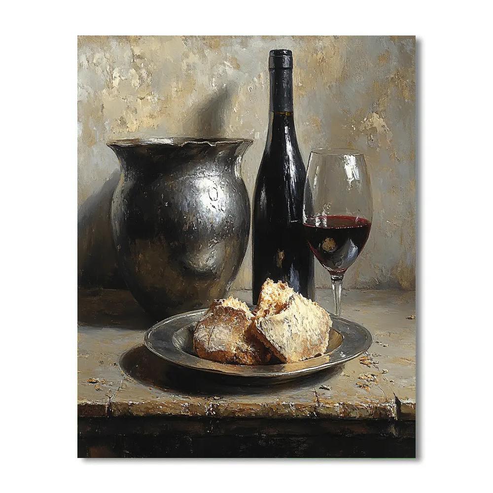 Diego Velázquez Inspired Pewter Plate With Bread And Dark Wine Vessel Paint by numbers art