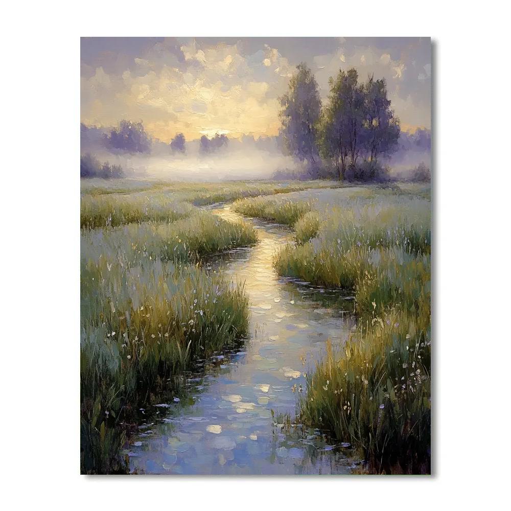 Claude Monet Inspired Morning Fog Over Meadow Stream paint by number