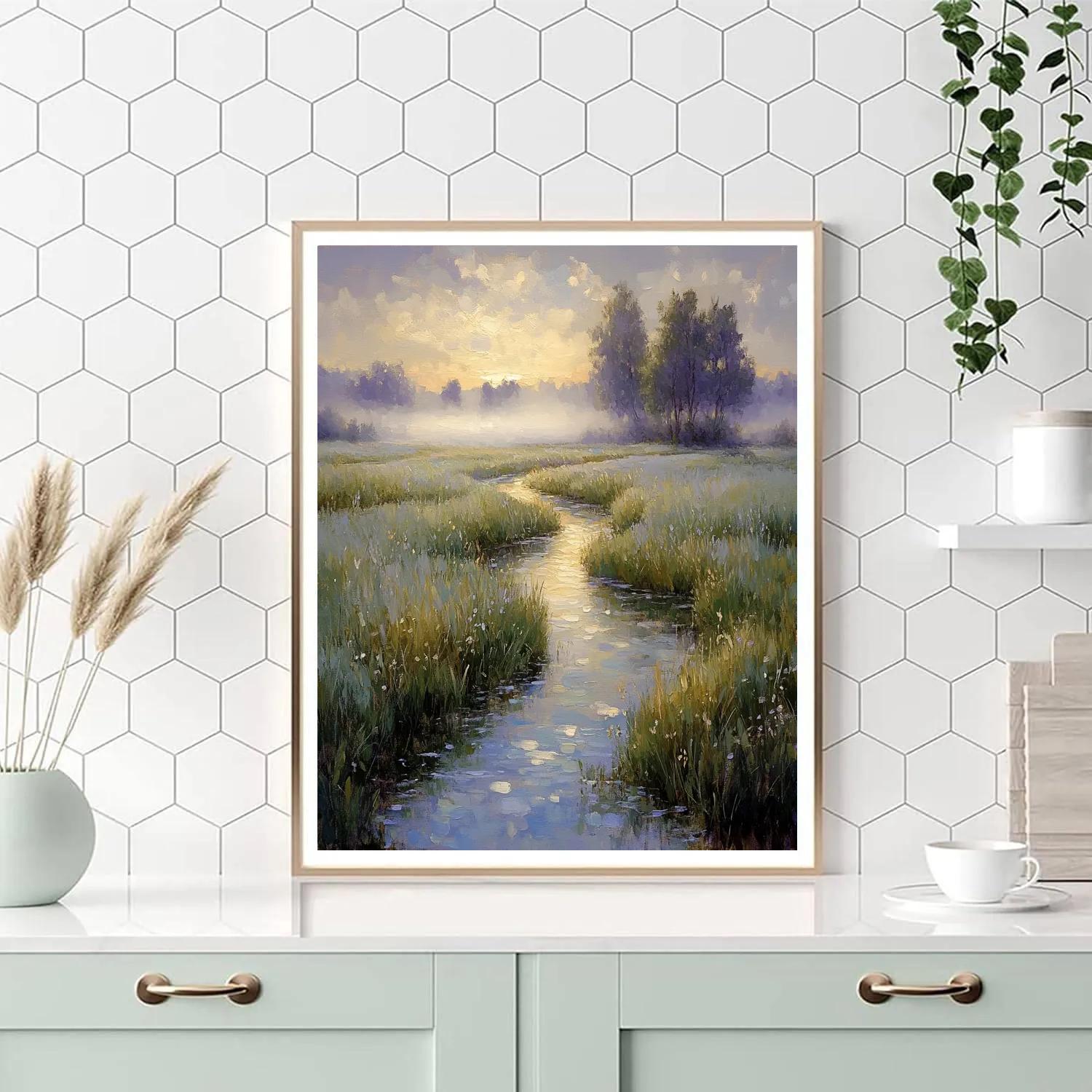 Claude Monet Inspired Morning Fog Over Meadow Stream paint by number