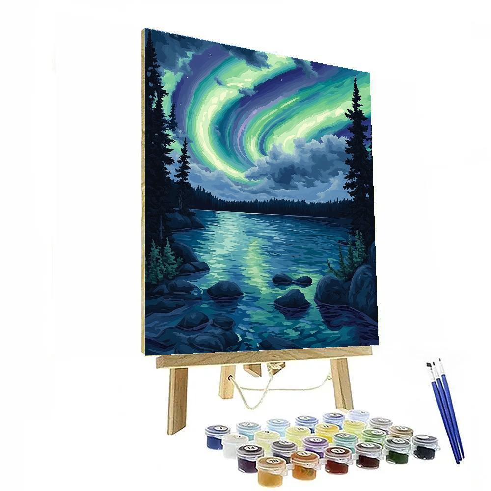 J. E. H. MacDonald Inspired Aurora Ribbons Over Silent Spruce Lake paint by number