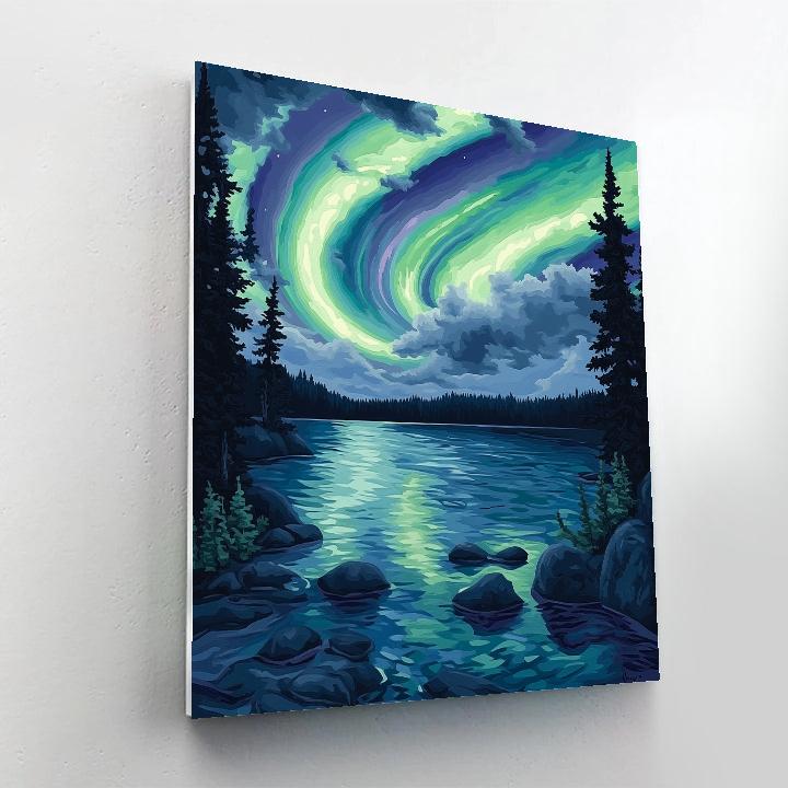 J. E. H. MacDonald Inspired Aurora Ribbons Over Silent Spruce Lake paint by number