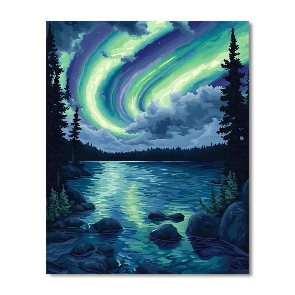 J. E. H. MacDonald Inspired Aurora Ribbons Over Silent Spruce Lake paint by number