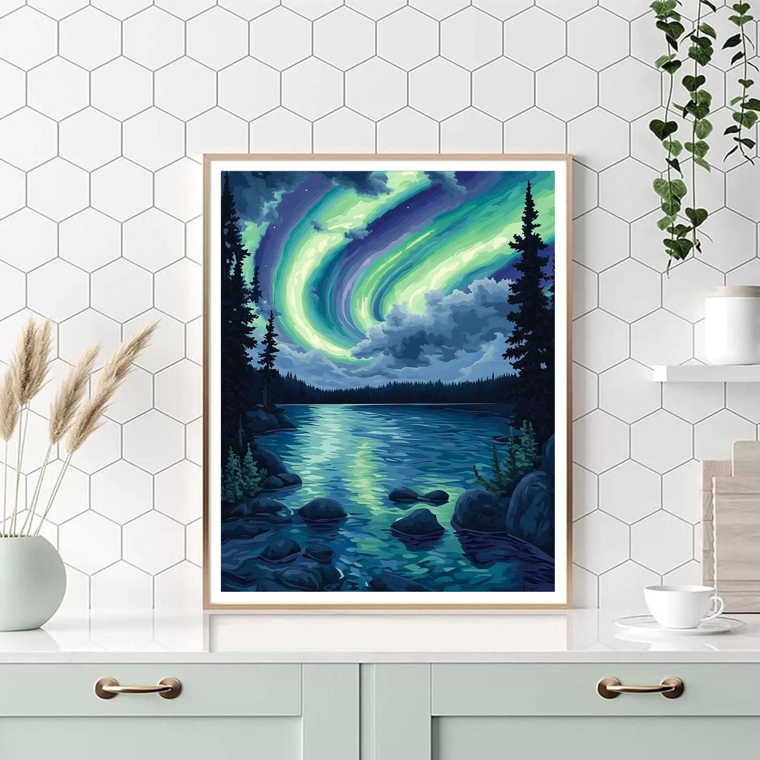 J. E. H. MacDonald Inspired Aurora Ribbons Over Silent Spruce Lake paint by number