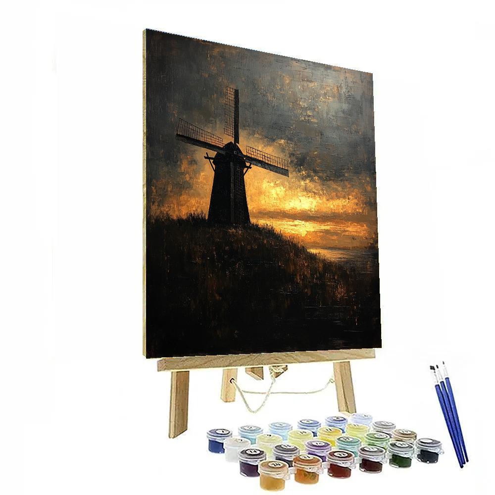 Rembrandt Inspired Windmill Silhouette Against Ember Horizon DIY paint by numbers