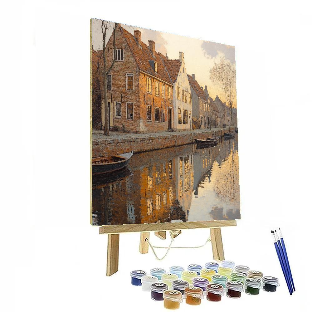 Johannes Vermeer Inspired Golden Haze Over Delft Canal Houses Number painting