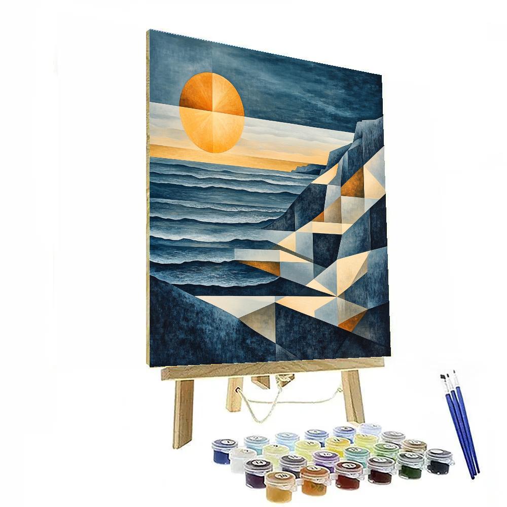 Pablo Picasso Inspired Fractured Coastal Cliffs And Sun Disc paint by color