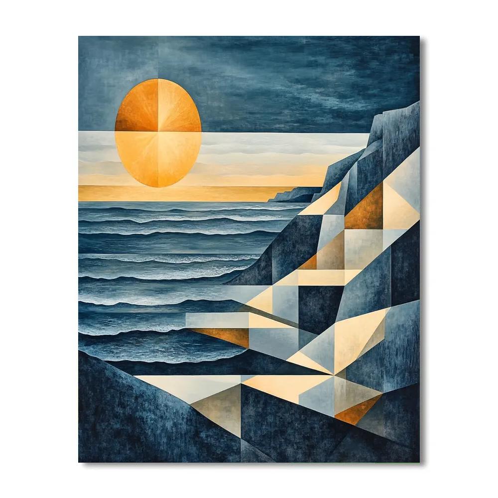 Pablo Picasso Inspired Fractured Coastal Cliffs And Sun Disc paint by color