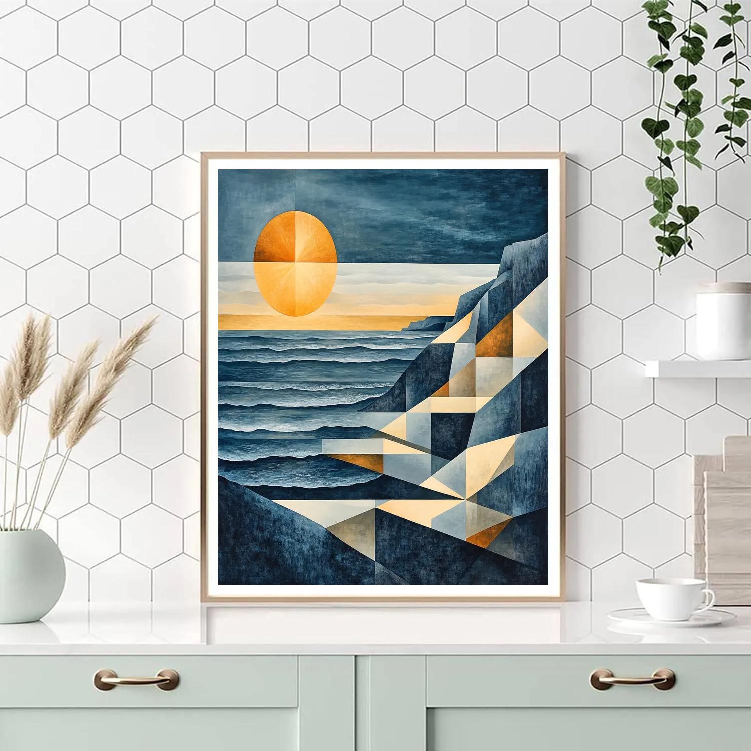 Pablo Picasso Inspired Fractured Coastal Cliffs And Sun Disc paint by color