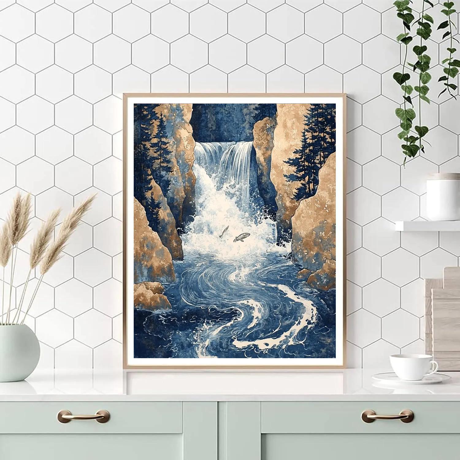 Hokusai Inspired Carp And Waterfall painting number kit