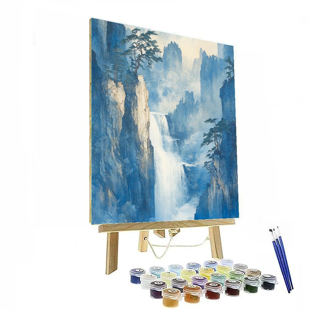 Hokusai Inspired Pine And Waterfall Mist Number painting