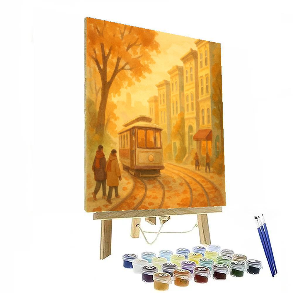 Golden Hour Streetcar Through Autumn Rows Numbered painting kits