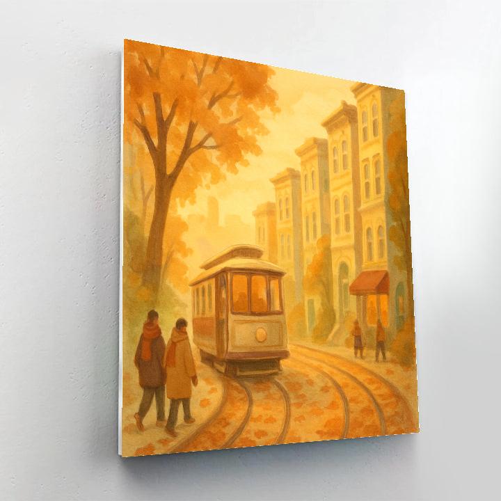 Golden Hour Streetcar Through Autumn Rows Numbered painting kits