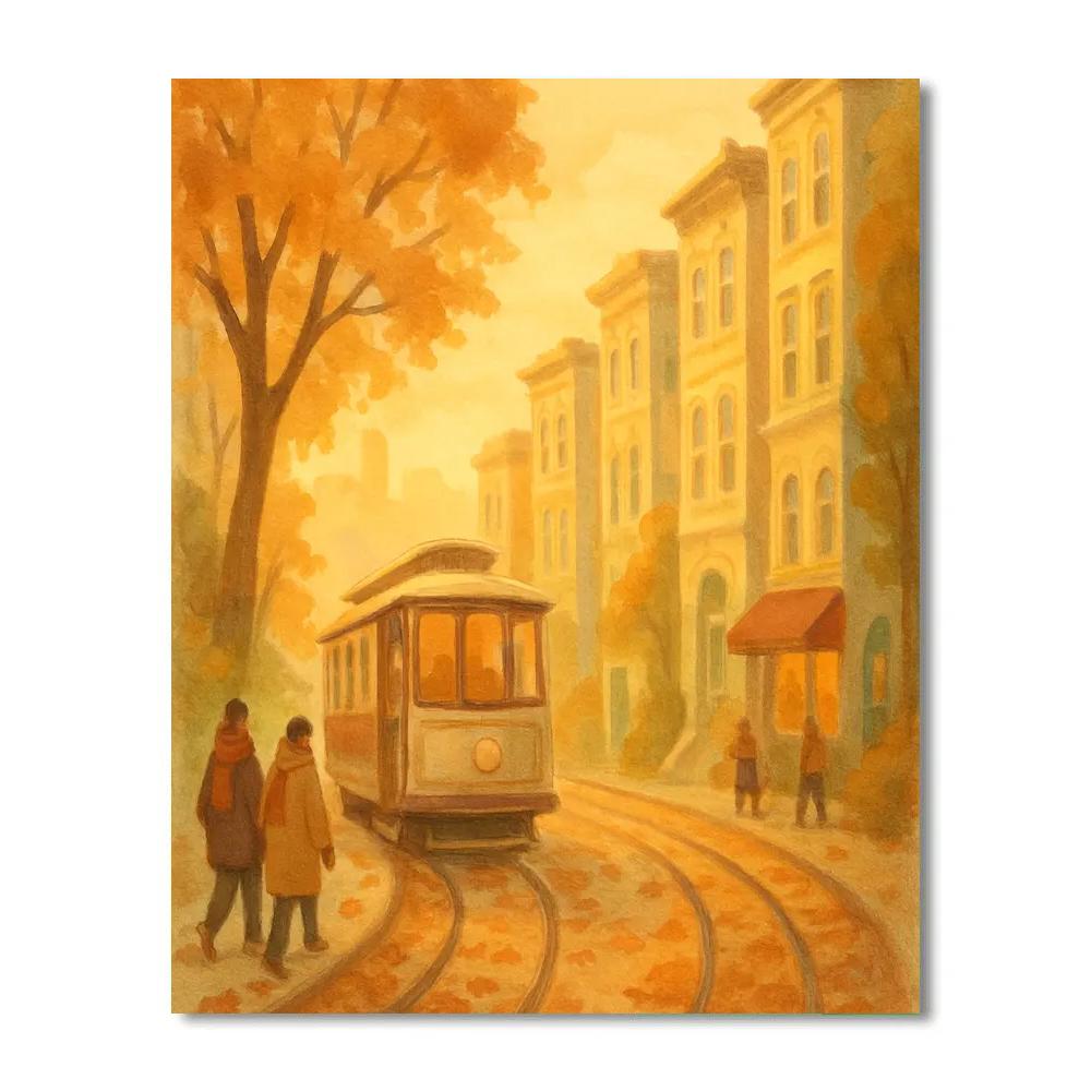 Golden Hour Streetcar Through Autumn Rows Numbered painting kits