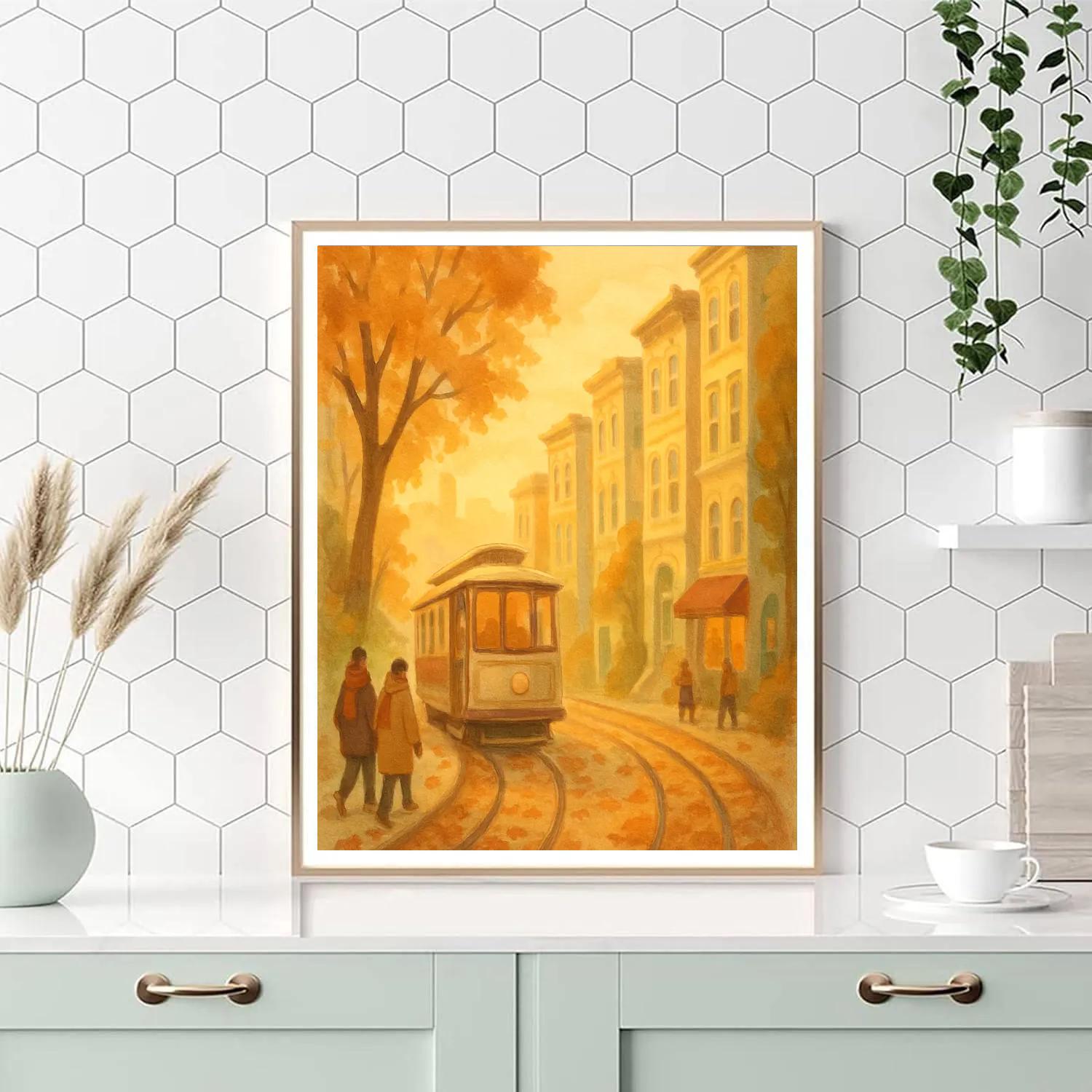 Golden Hour Streetcar Through Autumn Rows Numbered painting kits