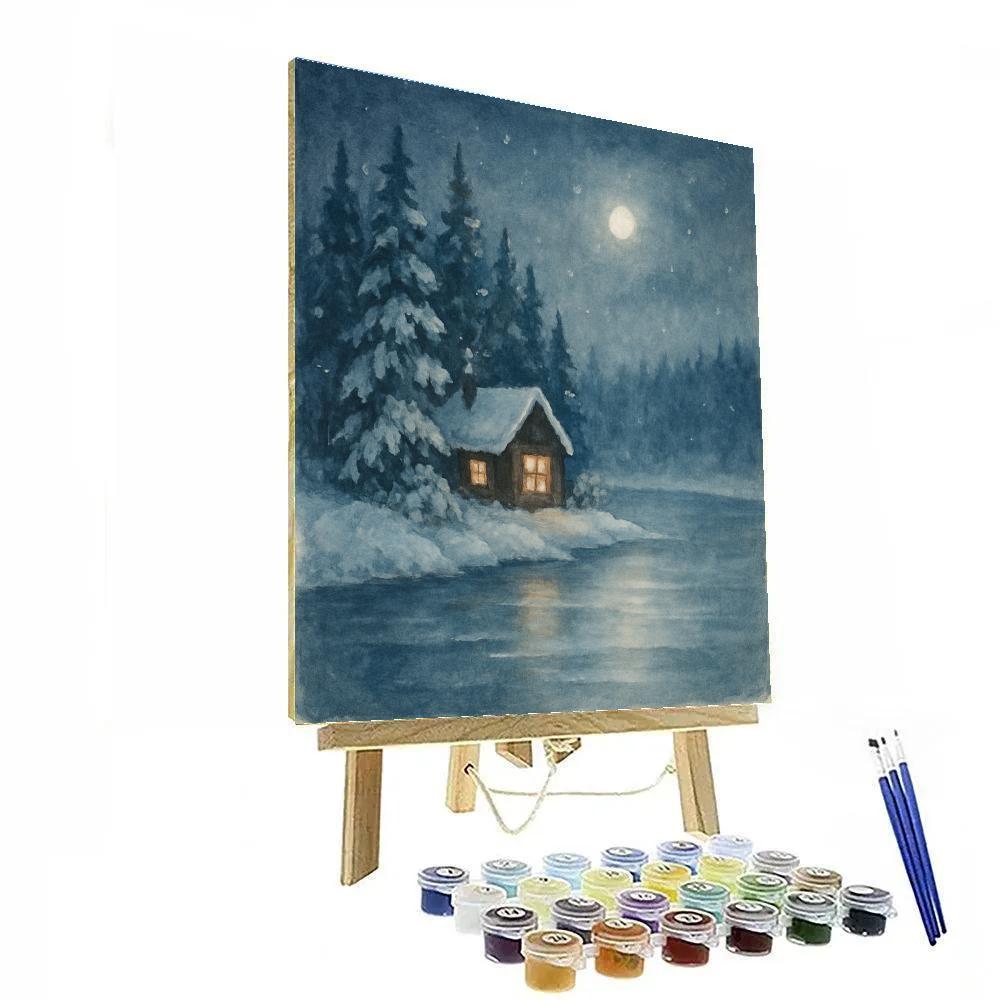 Cabin Window Glow Across Winter Lake Paint by numbers kits