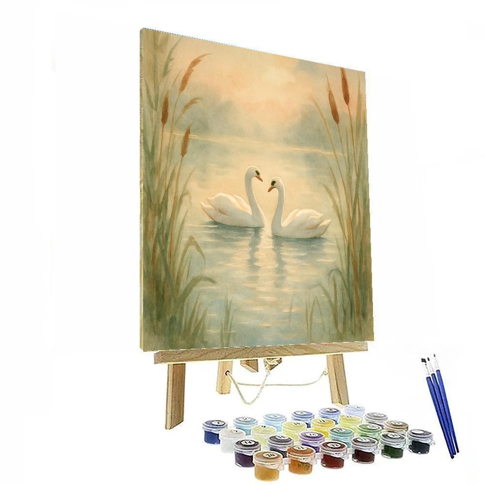 Swans Gliding Through Soft Reed Light Number painting