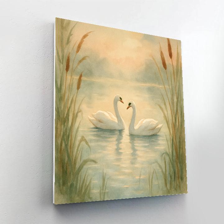 Swans Gliding Through Soft Reed Light Number painting