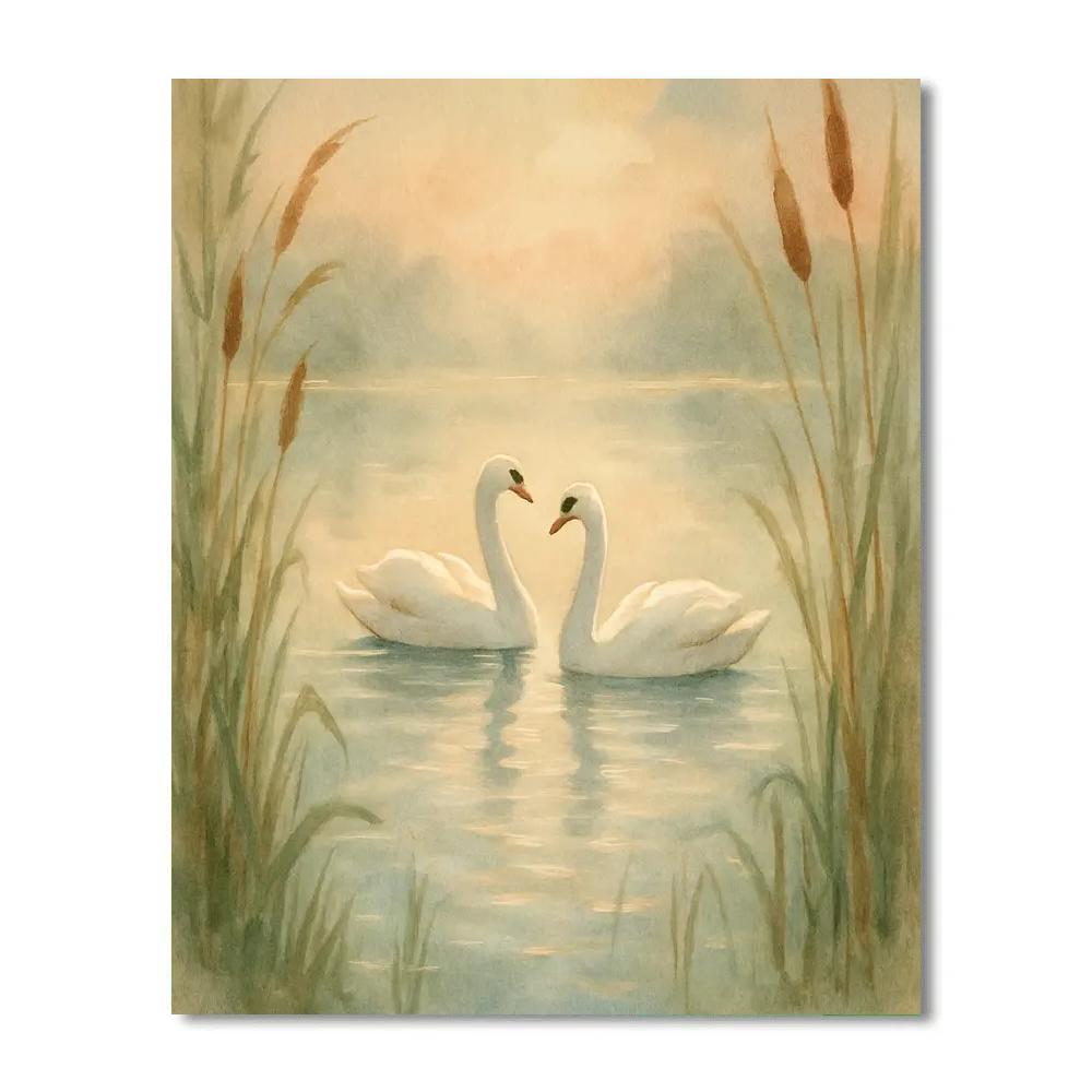 Swans Gliding Through Soft Reed Light Number painting
