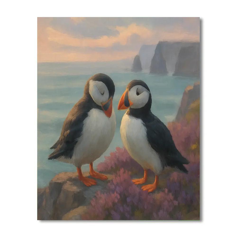 Puffins On The Heather Cliff Rest paint by number
