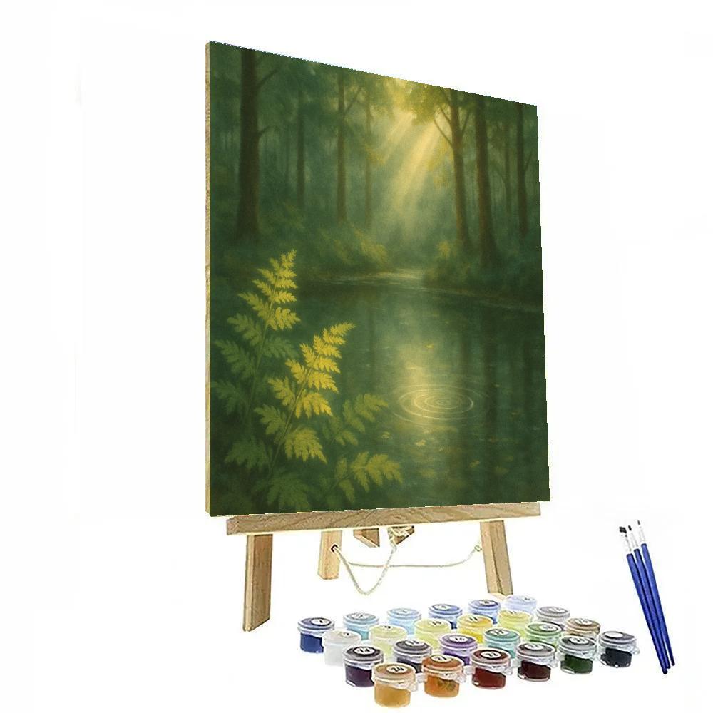 Forest Pond With Sunbeams And Ferns paint by number