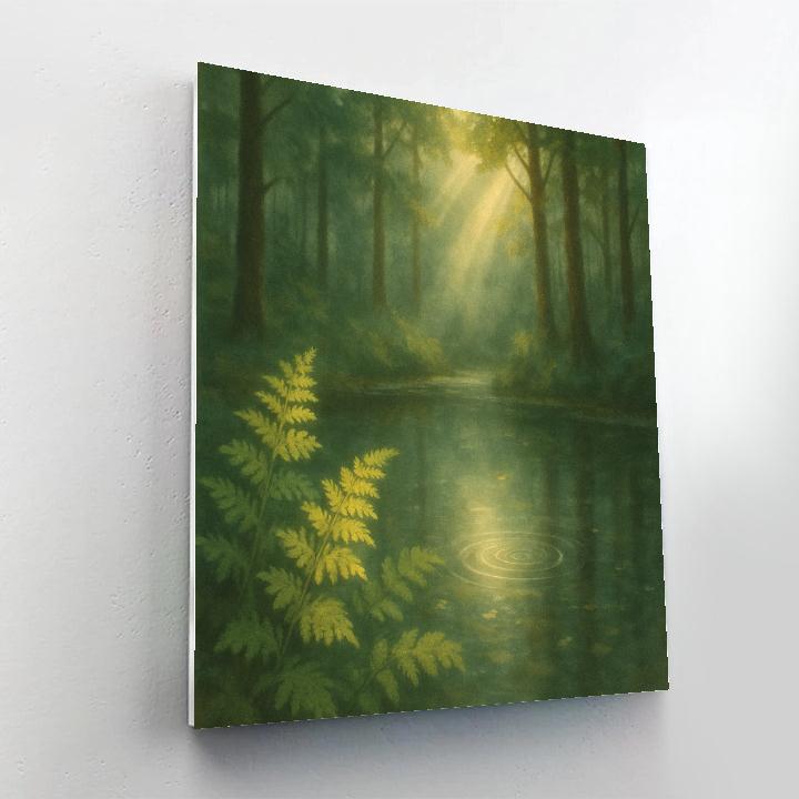 Forest Pond With Sunbeams And Ferns paint by number