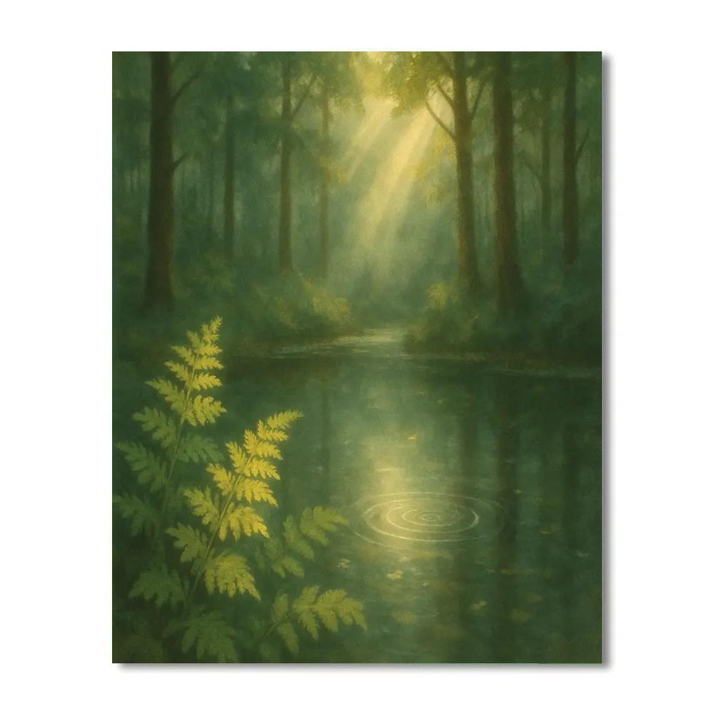Forest Pond With Sunbeams And Ferns paint by number
