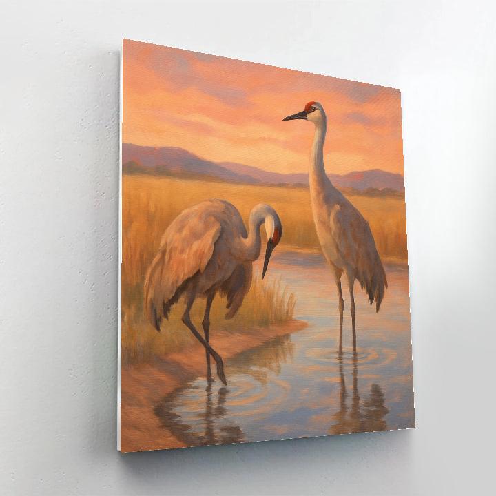 Sandhill Cranes Over The Quiet Prairie Pond Number painting