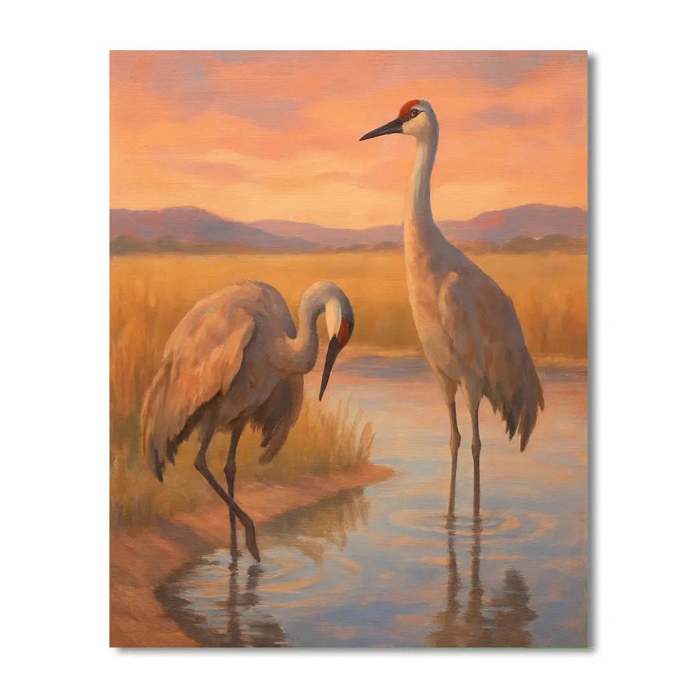 Sandhill Cranes Over The Quiet Prairie Pond Number painting