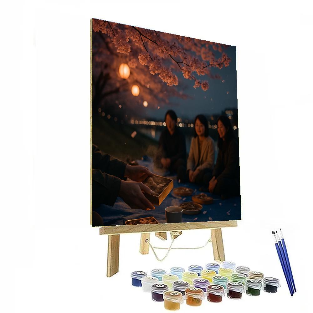 Hanami Picnic Under Sakura Riverbank Lanterns paint by number