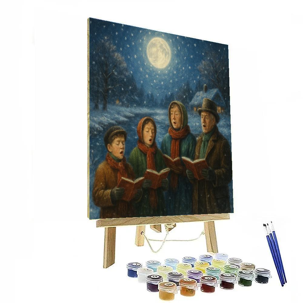 Moonlit Carolers By The Frozen River paint by color