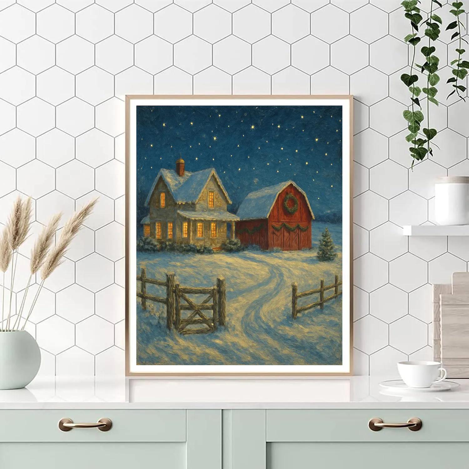 Festive Farmhouse With Starlit Barn paint by number