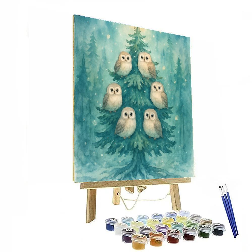 Winter Owls Around The Evergreen Star Number painting